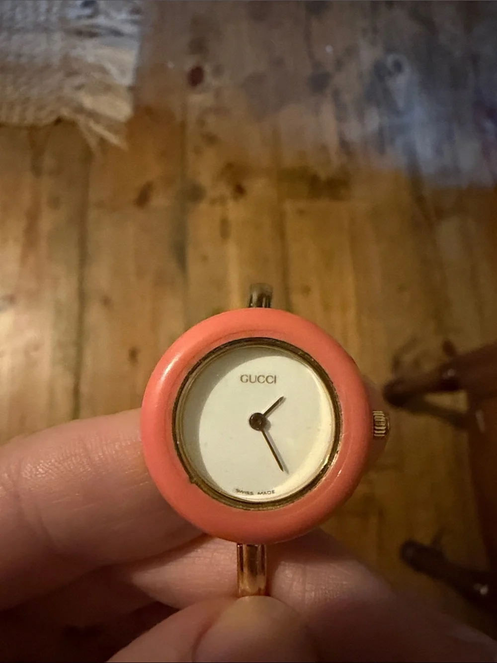 Gucci Gold-Tone Bangle Watch with Pink Enamel Bezel